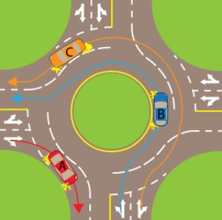 Which car is NOT using the roundabout correctly?