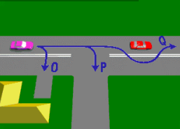 Which movements shown in the diagram can legally be made by the driver of the purple car?