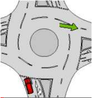 The red car wants to turn right and exit the roundabout in the street indicated by an arrow. Is the car positioned in the correct lane to do this?