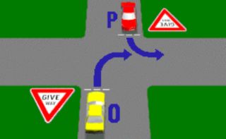 In this diagram both vehicles O and P must pass through GIVE WAY signs before entering the intersection. Which vehicle goes first?