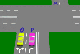 If both vehicles P and O in the diagram are turning right, which vehicle is in the best position to turn left into the street marked 'X'?