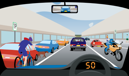 What should you do if the vehicle behind you is following too closely (as seen in the rearview mirror in the illustration)?