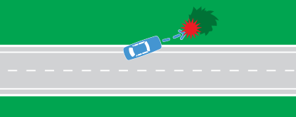 Which percent of accidents involve vehicles running off the road on a straight section and hitting an object (like a tree, pole, or parked vehicle)?