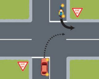 If two vehicles are facing Give Way signs and both vehicles are turning, which one gives way?