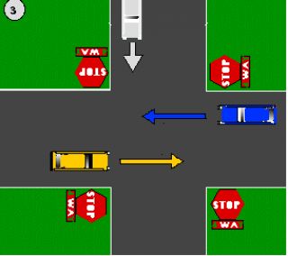 If more than one vehicle arrives at the same time at a four way stop, which vehicle goes first?