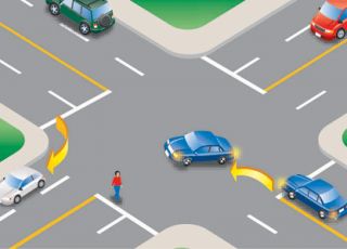 When making a left or right turn at any intersection, drivers must yield the right-of-way to: