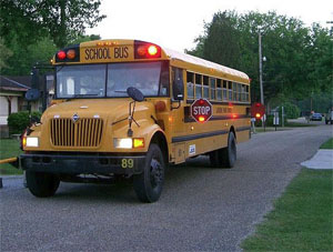 What do you do when a school bus is stopped and is flashing red lights?