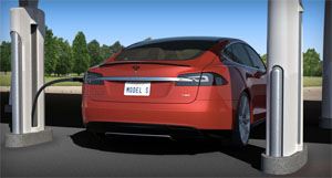 The Tesla Supercharger refills over half the battery in about...