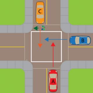 Three cars arrive at an intersection at the same time. Who here has the right of way?