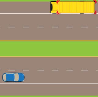 You are driving along a divided highway and you see a school bus parked with its red signals flashing on the other side of the highway. Are you required to stop?