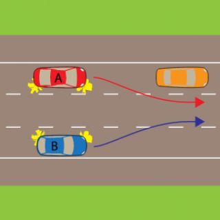 These vehicles are driving along a one-way road with three lanes. Cars A and B are both planning to change lane. Which car has right of way here?