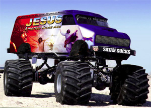 A Jesus monster truck says: Watch out for the railroad crossing ahead!